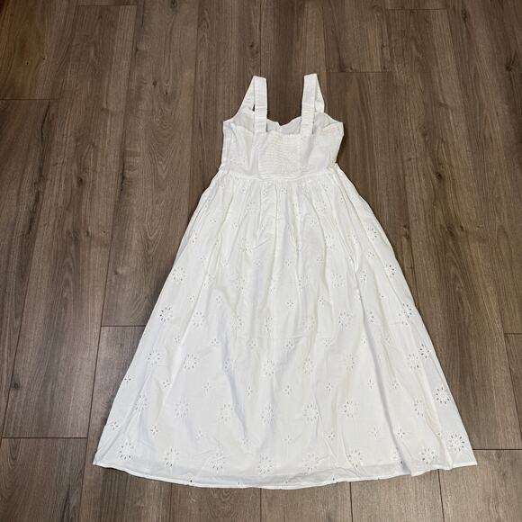 J.Crew Eyelet Midi Dress WMNS 4 White Sleeveless Smocked Embroidered Fully Lined - Picture 7 of 10